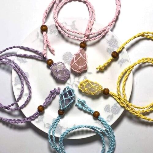 Retro Woven Natural Stone Pendant Necklace Net Pocket Hollow Handmade Jewelry Men and Women the Same Style Without Gems