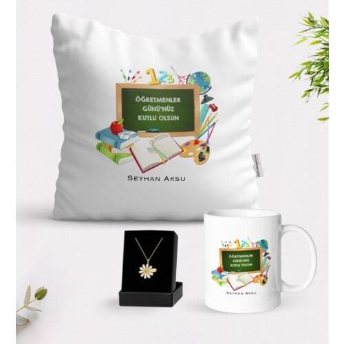 Personalized Teachers Present-Day Happy White Mug Cushion and Is Daisy Necklace Gift Seti-7