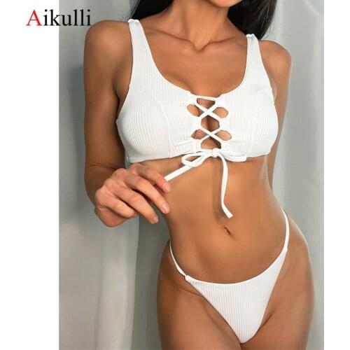 Sexy Hollow Lace-up Bikinis Swimsuit White Thong Swimwear Summer Ribbed High Leg Bikini Set Women Bathing Suits Swimming Biquini