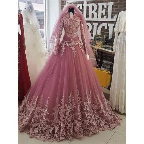 Saudi Arab Muslim Wedding dresses Lace Appliques High Neck Long Sleeves Bridal Gowns Plus Size vestido Custom Made