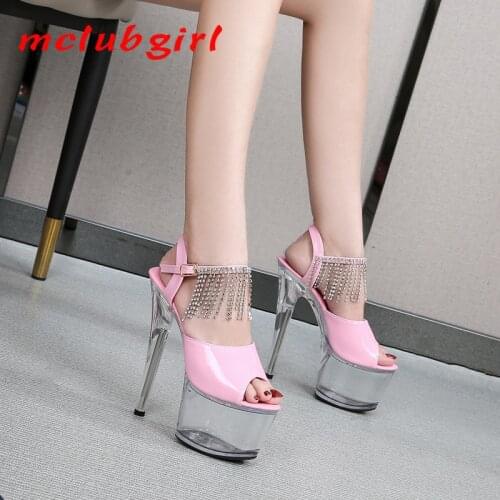 MCLUBGIRL Shoes Women Sandals Model Show Sexy High Heels Patent Leather Transparent Crystal Shoe Platform Clear Heel LFD