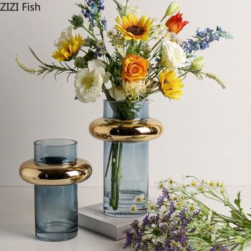 European-style Straight Hydroponic Glass Vase Gilded Flower Arrangement Container Crafts Countertop Flower Vase Home Decoration