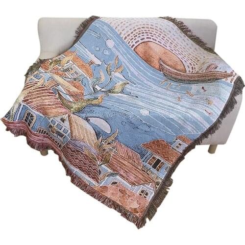 Ocean Fishing Vintage Decoration Tapestry Village Jane Europe Leisure Outdoor Blanket Cotton Jacquard Home Sofa Covers Carpets