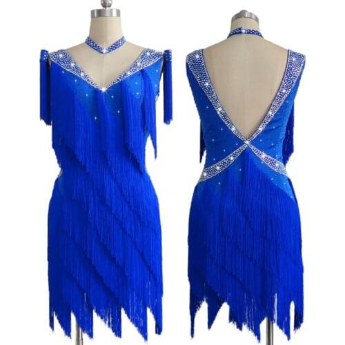 Lilyar New Latin dance skirt competition skirt performance Skirt Adult custom dark blue tassel sleeveless dance skirt