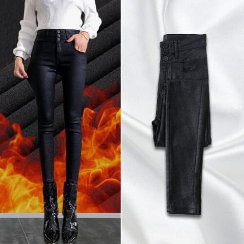 Winter Warm Women Pants Dropshipping Female PU Leather Velvet Trousers Elastic Pencil Skinny Pants Womens Tight Pants