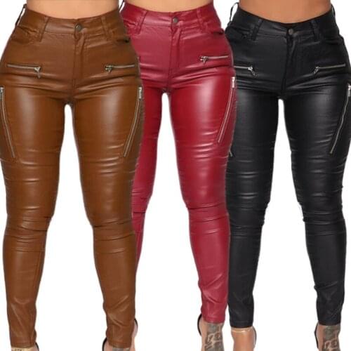 Women Sexy Faux Leather Stretch Skinny Pants Mid Rise Solid Color Leggings Fake Zipper Detail Tight Trousers with Pocket