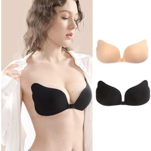 Women Strapless Wing Shaped Sticky Bra Adhesive Invisible Silicone Nipple Cover Front Buckle Push Up Backless Reusable