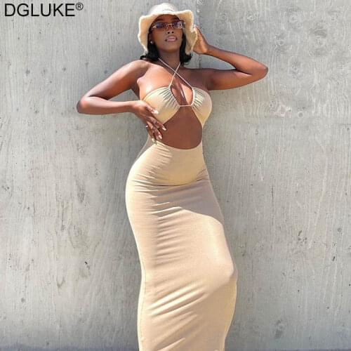 Spaghetti Strap Halter Backless Sexy Long Dress Summer 2021 Elegant Bandage Sleeveless Club Party Dress Bodycon