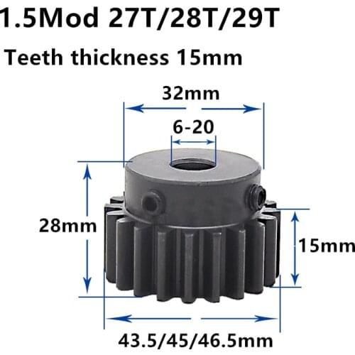 1.5M 27T 28T 29T High frequency blackening Spur Gear pinion teeth width 15mm 1.5mod gear rack 27teeth bore 6-20mm