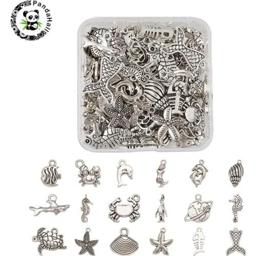 Pandahall 1 Box Tibetan Style Ocean Theme Alloy Pendants for Jewelry Findings Making Mixed Shapes Antique Silver 7.4x7.3x2.5cm