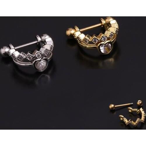 1 PCS Simple Micro Pave CZ Wave Circle Ear Stud Cuff Earring Cute Small Gold Color U Shape Steel Bar Piercing Ear Jewelry
