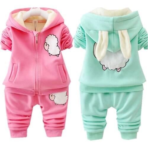 2021 Warm Baby Girls Clothes Set Autumn Winter Thick Plush Toddler Clothing Sets For infant Hoodies + Pants 2PCS Children Suit
