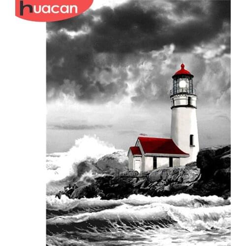 HUACAN DIY Diamond Painting Landscape Lighthouse Diamond Embroidery Seaside Full Square Mosaic Diamond Cross Stitch Home Decor