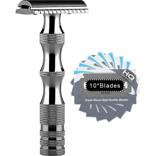 Safety Razor, Aluminum Alloy Frosting Anti-skidding Handle Double Edge Shaving Razor for Men Manual Shaving with 10pcs Blades