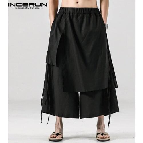 INCERUN Solid Color Men Casual Pants Joggers Elastic Waist Loose Irregular Skirt Trousers Men Streetwear Harajuku Wide Leg Pants
