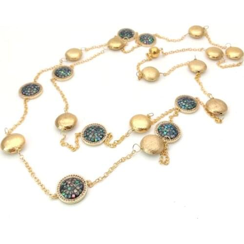 24''-26'' 2 Rows Abalone Shell coin Gold color Plated Chain long Necklace sweater chain necklace for women