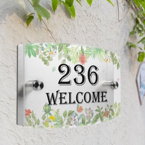 Flowers Personalized Modern House Number Door Sign Plaque Street Acrylic Matte Glass TOP