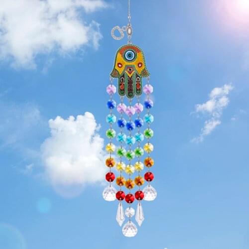 H&D Hamsa Hand of Fatima Evil Eye Pendant Chakra Crystals Suncatcher Rainbow Maker Home Wall Hanging Ornament Protection Gift