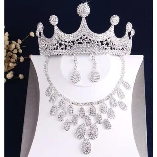 Baroque Sparkling Crystal Water Drop Jewelry Set Necklace Earrings Rhinestone Tiaras Crown Wedding African Beads Jewelry Sets
