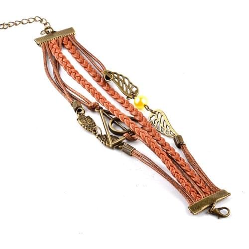 Liberts Deathly Hallows Triangle Owl Round Charm Pearl Beads PU Leather Braided Wing Handmad Bracelet Designs SBR210044