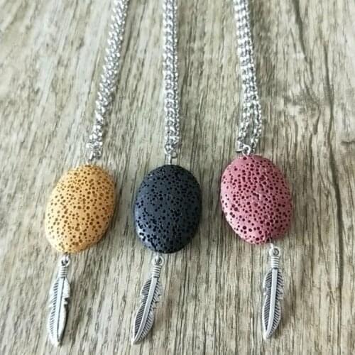 Leaf Oval Aroma Colorful Lava Stone Pendant DIY Aromatherapy Essential Oil Diffuser Necklace Jewelry Steel Chain Women