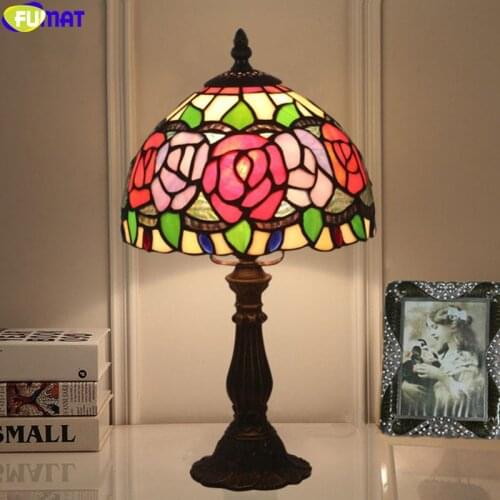 FUMAT Tiffany Style Desk Lamp Red Rose Stained Glass Lampshade Table Light Alloy Lotus Frame Handcraft Arts Luxury Home Decor