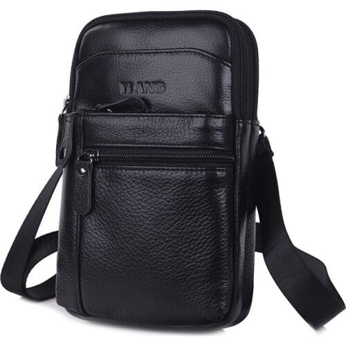 New Real Leather Mens Small Shoulder Messenger Bag Double zipper Cross body Male Designer Waist Bag 7" Mobile Phone Card Holder