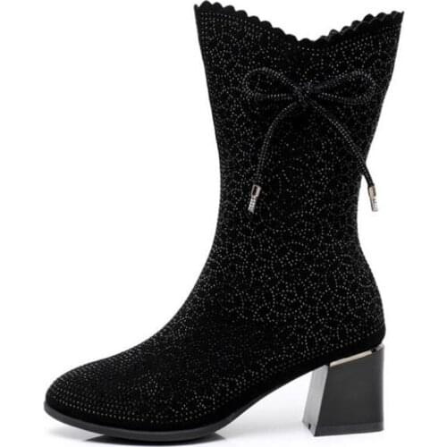 2019 New Fashion Autumn Winter Boots Bow Rhinestone Shoes Woman Boots Side Zipper In-tube Boots High Heel Shoes Warm Snow Boots