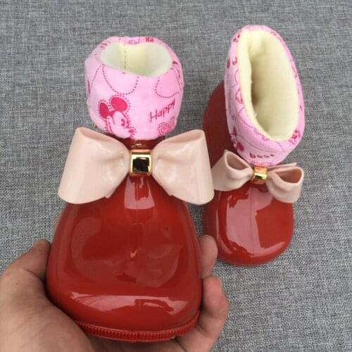 Waterproof Child Rubber Boots Jelly Soft Infant Shoe Winter Warm Baby Kids Fur Rain Boot with Bow Girls Children Rain Shoes Warm