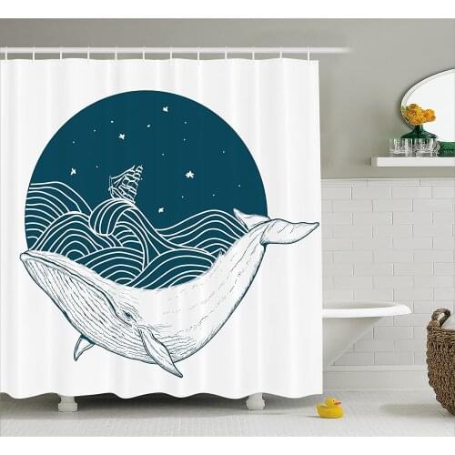 Whale Shower Curtain Big Whale Swimming in a Wavy Ocean with Stars and Old Antique Ship Artwork Print Bath Curtain For Bathroom