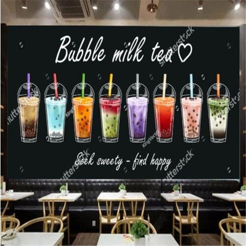 Modern Custom Pearl Milk Tea Shop Wallpapers Industrial Decor Afternoon Tea Black Background Murals Wall Paper Papel De Parede