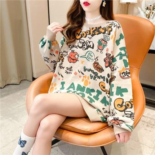 INS Hong Kong Fashion Brand Fleece-Lined Thick Round Neck Sweater Female BF Idle Style Loose Pullover Student Long Sleeve Tops
