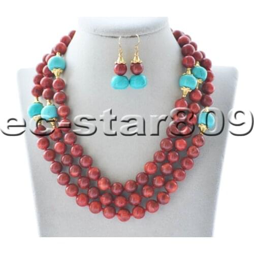 Z10119 52" Red Round Grass Coral Roundel turquoise Necklace & Earring