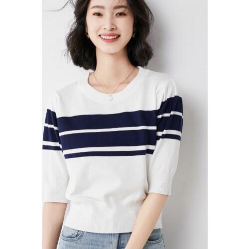 Striped Womens Western Style T-Shirt New Atyle Sleeve Top Women Round Neck Pullover Casual All-Match Jacket 60117