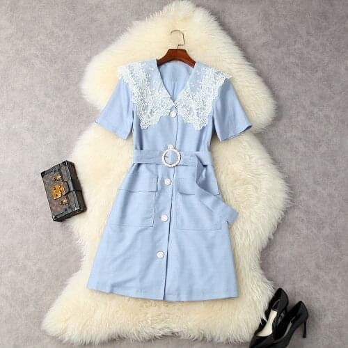 European and American womens wear for summer 2021 Short sleeve lace lapel single breasted Fashionable Belt Dress