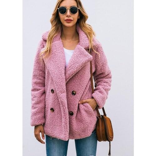 Women Teddy Jacket Sheepskin Coat Autumn Winter Double-Breasted Womens Jacket Fur Coat Turndown-Collar Loose Plush Coat
