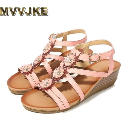 MVVJKE Summer Sandals Women Ladies Crystal Casual Wedges Buckle Bohemian Beach Shoes Woman Flat Sandals