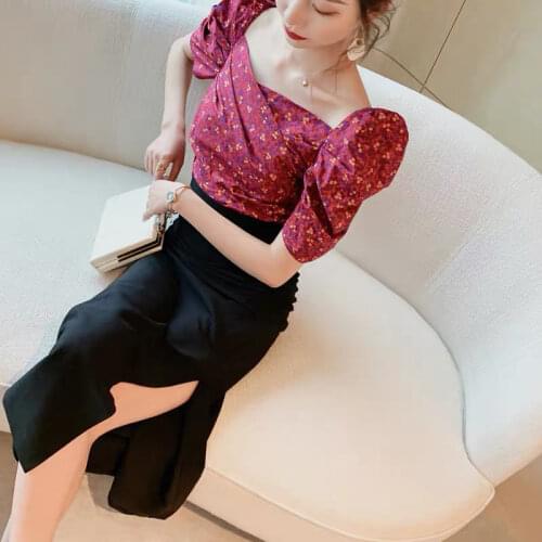 New arrival fashion sets women summer elegant vintage red wine print office lady puff sleeve top and pencil skirt two piece sets