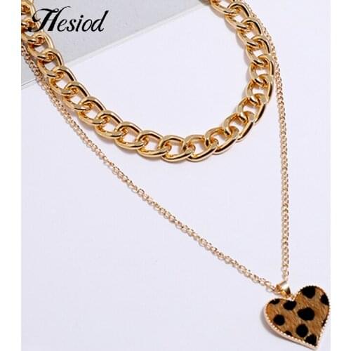 Leopard Pattern Heart Pendant Necklaces Female Gold Color Sweater Double Chain Geometric Necklace Women Statement Choker Jewelry