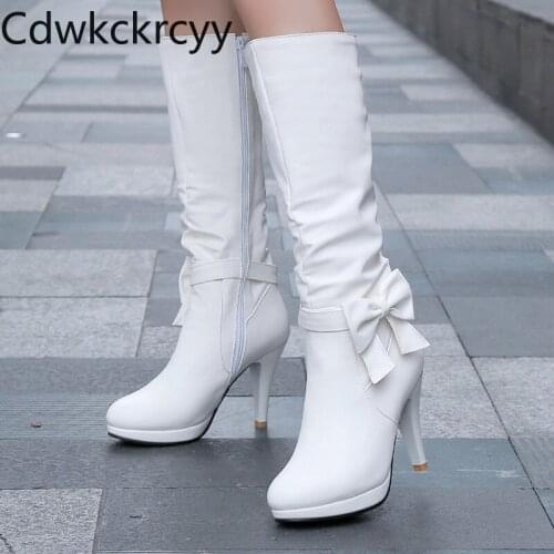 Winter The New fashion Round head Thick heel 10CM Knight boots white sweet Bow Plus velvet Keep warm High heel Women boots 34-43