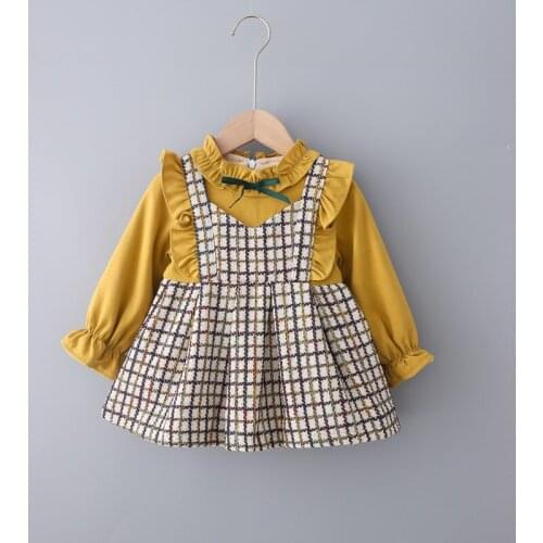 Baby Girls winter model grid with velvet dress off A word Princess birthday dress kids