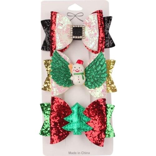 3Pcs/set 3'' New Cute Christmas Hair Clips For Girls Sequins Bowknot Hairpins Barrettes Party Headwear Kids Hair Accessories