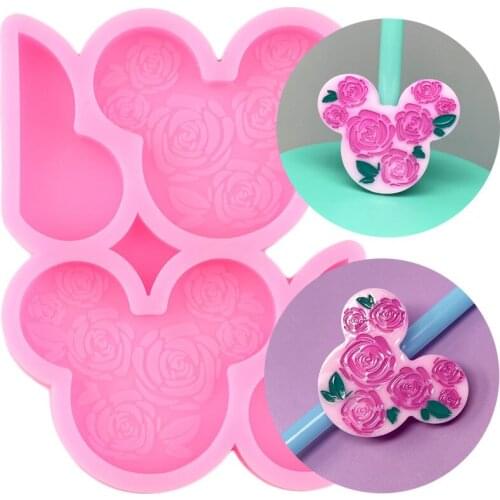 3D Mouse Head Rose Flower Straw Topper Silicone Molds Candy Chocolate Fondant Cake Decorating Tools Keychain Epoxy Resin Moulds