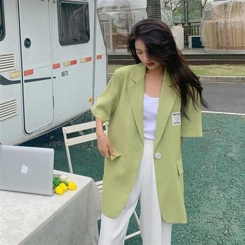 Avocado Green Oversized Blazers Female Summer 2021 New Thin Short Sleeve Jacket Women Casual Korean Style Loose Chic Suits