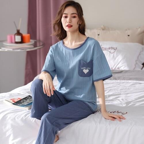 BZEL 2021 Clothes For Women Cartoon Heart Print Short Sleeve Long Pants 2Pcs Suits Cotton Clothes Night Home Set Spring Summer