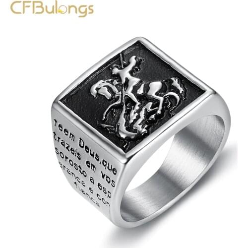 CFBulongs Cool Silver Color Roman Cavalry Band Mens Ring Retro Punk Paladin Fashion Jewelry Halloween Gift