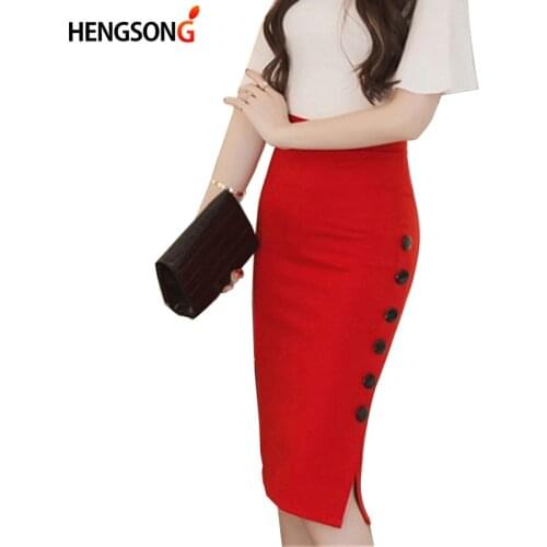 Women Elegant Slim Pencil Skirts High Waist Ladies Skirt Side Split Button Office Ladies Bodycon Fitted Skirts