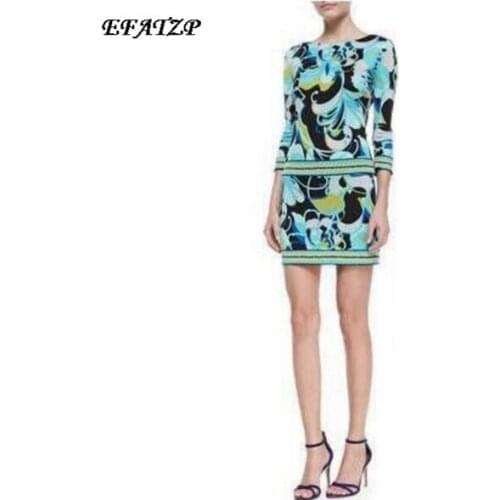 New 2014 Italian Designer Luxury Brands Womens 3/4 Sleeves Green Abstract Print XXL Stretch Jersey Dress Free Shipping