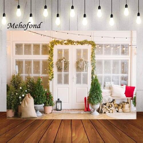 Mehofond Winter Christmas Photography Background White Door Pine Tree Kids Family Portrait Decor Backdrop Photo Studio Props
