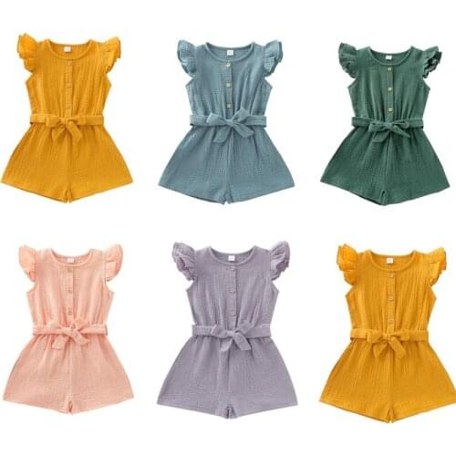 Baby Girls Rompers Toddler Newborn Baby Girls Ruffles Sleeve Button Romper Jumpsuits Infant Baby Cotton Linen One-Pieces Outfits
